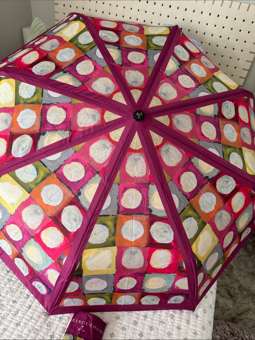McKenzie-Childs Foldable Umbrella with Colorful Abstract Print - Pink Accent